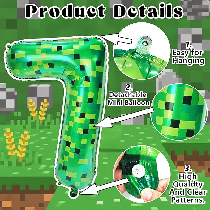 40in Pixel Giant Number 7 Balloon Birthday Decorations, Miner Theme Green Foil Balloons Blast Gaming Party Supplies