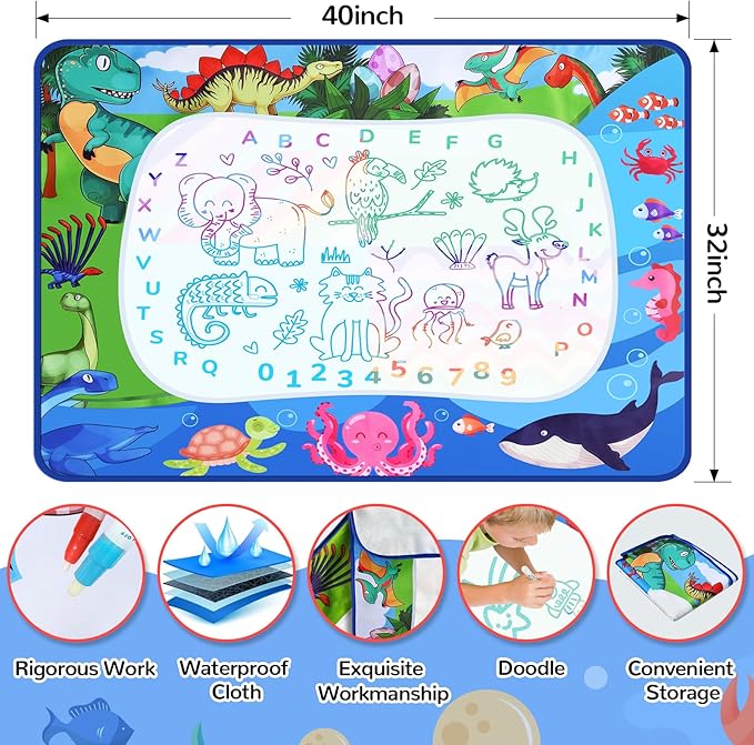 Water Doodle Mat 40 x 32 Inch Painting Doodle Toddler Toys, Water Drawing Mat, Large Magic Drawing Doodling Mat Educational Toys for Kids Age 3 4 5 6 7 Toddler Boys Girls Christmas Birthday Gifts