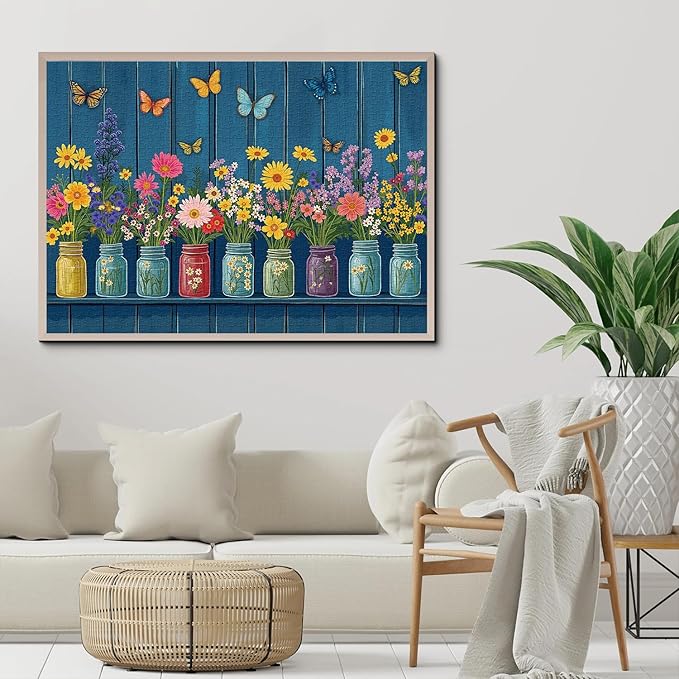 Wildflower Puzzles for Adults 1000 Pieces, Colorful Flower Garden Jigsaw Puzzles, Nature Butterfly Floral Vase Puzzle