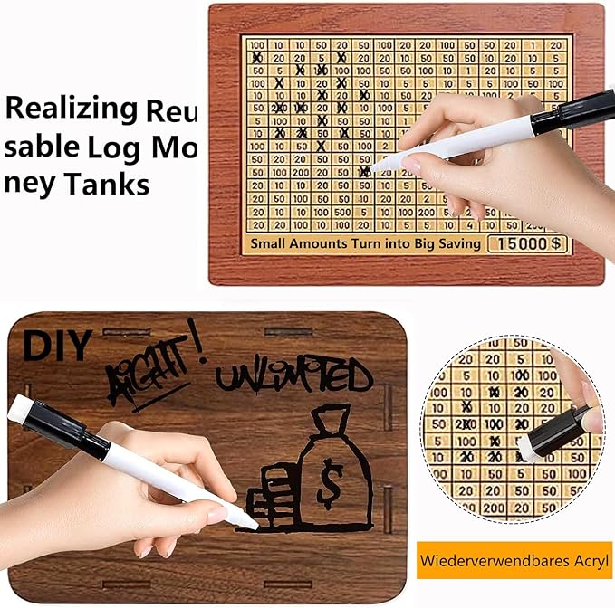 Cash Vault Wooden Savings Box 10000 5000 15000 3000 2000 1000 500 Cash Box with 2 Blank Savings Tracker, Official Save Box $10000 Brown
