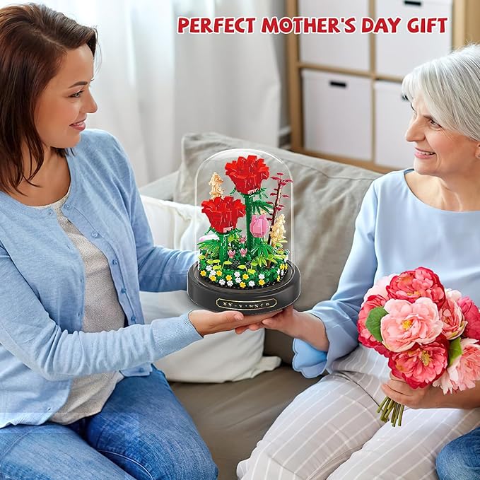 QLT QIAOLETONG Flower Bouquet Building Set, 593 PCS Red Rose Mini Building Blocks Kit for Adults, Flowers Botanical Collection for Home Decor, Mother's Day for Her Mom Women Wife Girlfriend
