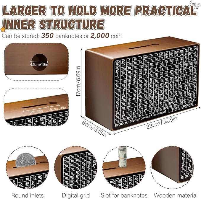 Wooden Money Saving Box, Cash Savings Box for $10000 $5000 $3000 $1000 $800 $500 Target Money Saving Challenge, Money Box with Counter/Dry Erase Pen/Savings Trackers/Rubber Band-Brown