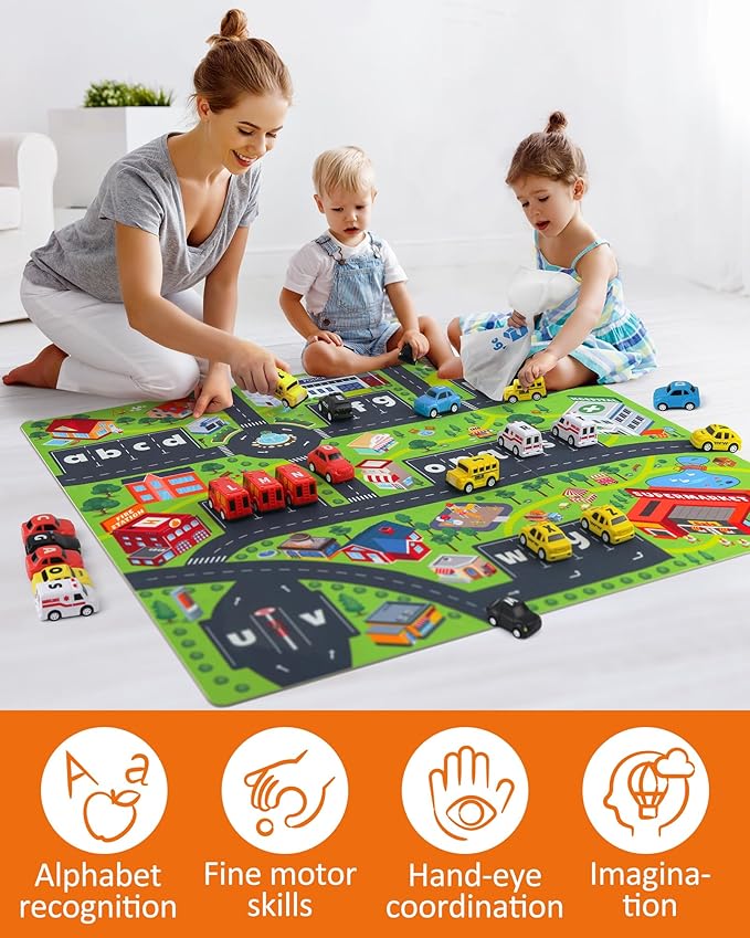Coogam Alphabet Maze, 26pcs Pull Back Car with Play Mat Preschool Letter Matching Game for 3 4 5 Years Old, Montessori Educational Fine Motor Gift Toy for Toddler Kids