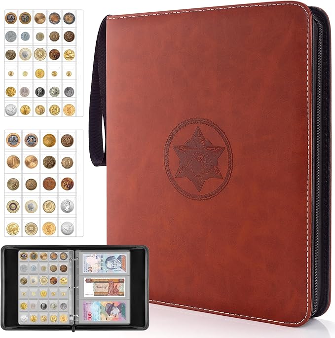Coin Collection Book Holder for Collectors - 400 Coins Pockets+15 Bills Pockets, Coin Collection Organizer Storage Box Case Album for 20/25/ 27/30/ 38mm Coin