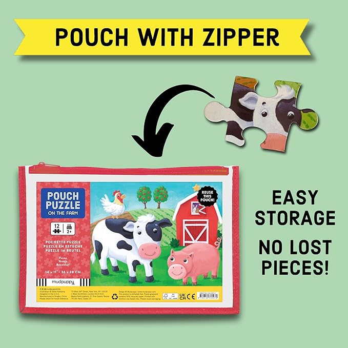Mudpuppy On the Farm – 12 Piece Puzzle with Reusable Zipper Pouch Featuring Colorful and Fun Illustrations of Farmyard Animals Perfect for Easy Storage and Travel
