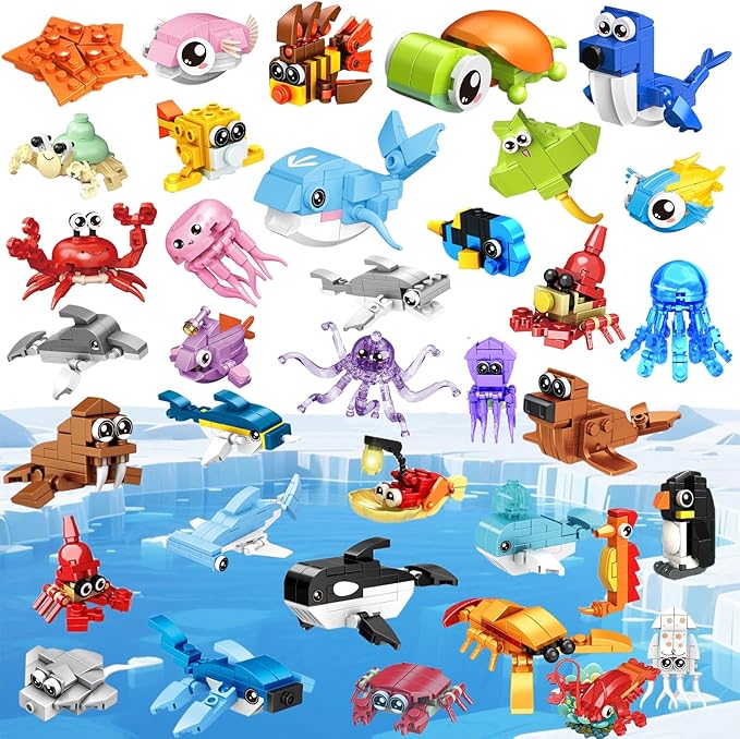 36 Pack Party Favors for Kids，Mini Ocean Animals Building Blocks Set ，Prize Box Toys for Kids Classroom, Easter Birthday Christmas Goodie Bag Fillers, Creative STEM Building Toys for Ages 6-12