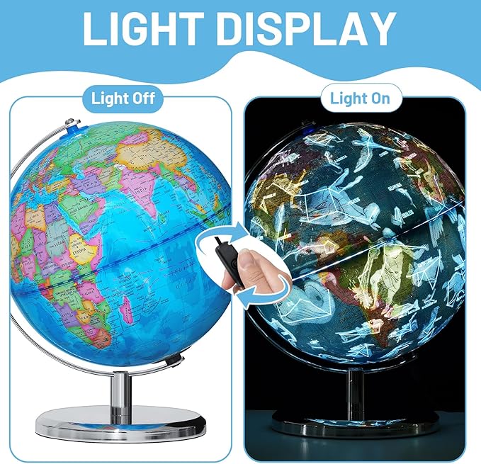 9" Illuminated Globes, 88 Constellations Map & Built-in LED Light & Learning 3-in-1, USB Charging, None-Slip Stainless Steel Stand for Classroom Education & Bedroom Decor, Inspire Geography Interest
