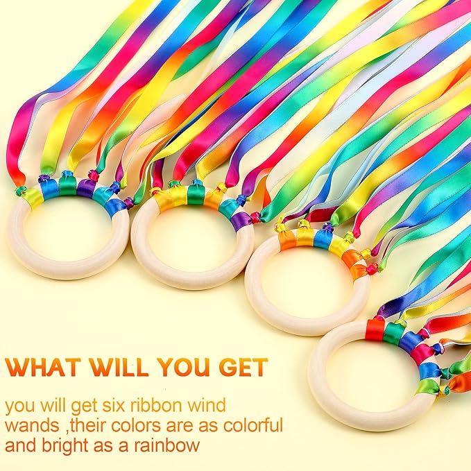 Sumind 6 Pcs Rainbow Ribbon Hand Kites Wands for Kids Dancer Streamer String Toy Thrown Waldorf Wand with Wooden Ring Wand Learning Educational(Warm Colors)