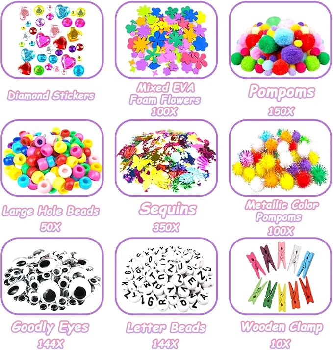 2000 Pcs DIY Arts and Crafts Supplies Kit for Kids - Kids Craft Kits Art Supplies Material Set with Pipe Cleaner All in 1 Crafting Collage Activity for Toddlers Gifts Toys Age 5 6 7 8 9 Year Old Girls