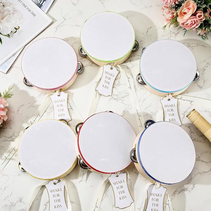 24 Set Tambourine for Adults Wooden Hand Held Drum with Metal Jingles, Gift Tags, White I Love You Printed Ribbon Percussion Gift Musical Instrument for Church Wedding Party (Colorful,6 Inch)