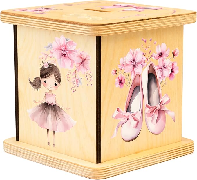 Wooden Piggy Bank for Kids and Adults, Personalized Gift Handmade in USA by BloomOwl, Custom Piggy Bank, Personalized Banks for Kids, Gifts for Baby Boys and Girls (Ballerina)