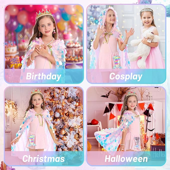Princess Dress Up Cloak Princess Dress Up Clothes Mermaid Toys Rainbow Mermaid Princess Cloak Kit 9 Pcs Gift Set for Little Girls 3-8 Years Old, Great Gift Set for Birthday Christmas Halloween