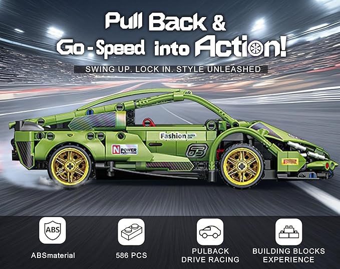 Sosuy Building-Block Race-Car Set, 1:18 Technical Model Kit 586 Pcs DIY Green Pull-Back Toy for Boy Girl Kid Age 6+ Year, Birthday Gift for Teen Adult Display, Speed Super Sports Cars Bricks Icons