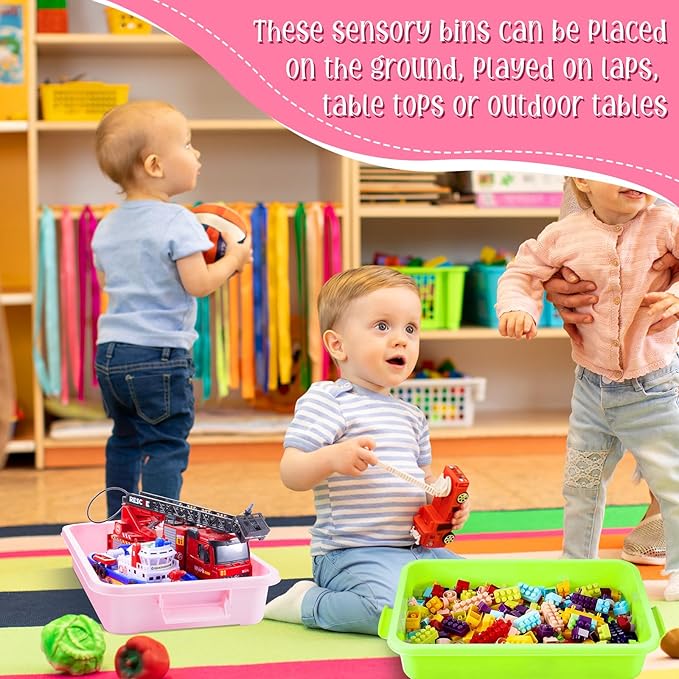 2 Pcs Sensory Bins Sand Tray with Lid, 15in Stackable Leak-Proof Plastic Sensory Tray for Sand & Water Play, Portable Bin for Kids 3 4 5 6, Easy Clean, Indoor Outdoor(Pink, Turquoise)