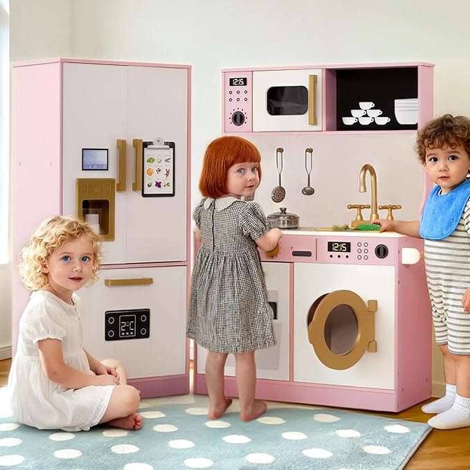 Kinder King Wooden Kids Play Kitchen, Toy Kitchen Playset for Toddler, Play Kitchen Set w/Transparent Coloring Board, Pretend Fridge, Washing Machine, Ice Maker, Gift for Boys Girls Age 3+, Pink