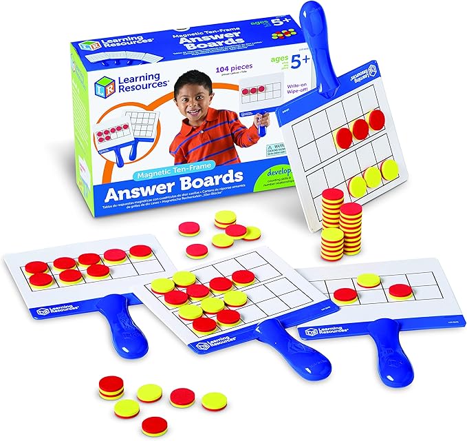 Learning Resources Magnetic Ten-Frame Answer Boards - Set of 4 with 100 Colorful counters/Discs, Ages 5+ | Grades K+ Giant Magnetic Ten Frame Boards Set, Math Manipulatives