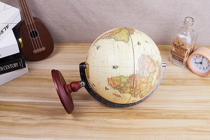 ANNOVA Antique Globe 10" / 25 cm Diameter with A Wood Base, Vintage Decorative Political Desktop World - Rotating Full Earth Geography Educational - Kids, Adults, School, Home, Office (Dia 10-inch)
