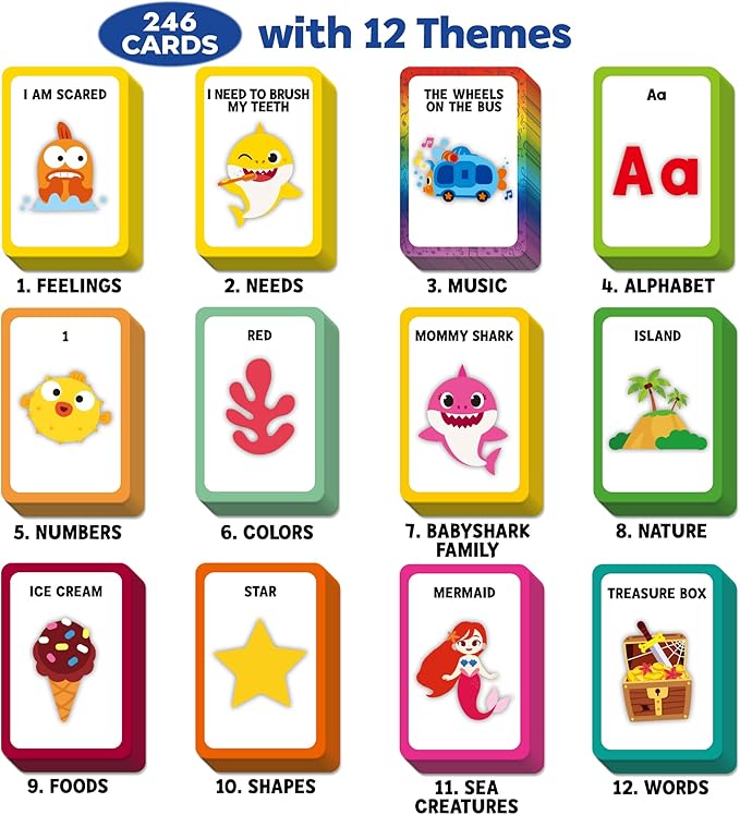 Baby Shark Flash Cards for Toddlers 2-4 Years | Sensory Toys for Autism and Autistic Non-Verbal Kids Ages 2 3 4 5 6 | Speech Therapy Learning Toys with Music, Phrases, ABC, Numbers, Sight Words