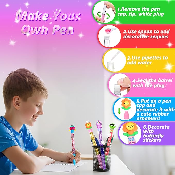 MOMUSE DIY Pen Making Kit, Fun Pen Creator Studio – Make You Own 4 Sparkly Glitter Pens, Creative Art and Craft Kits Toys for Kids Girls Tweens 6 7 8 9 10 11 12 Years Birthday Gift Present