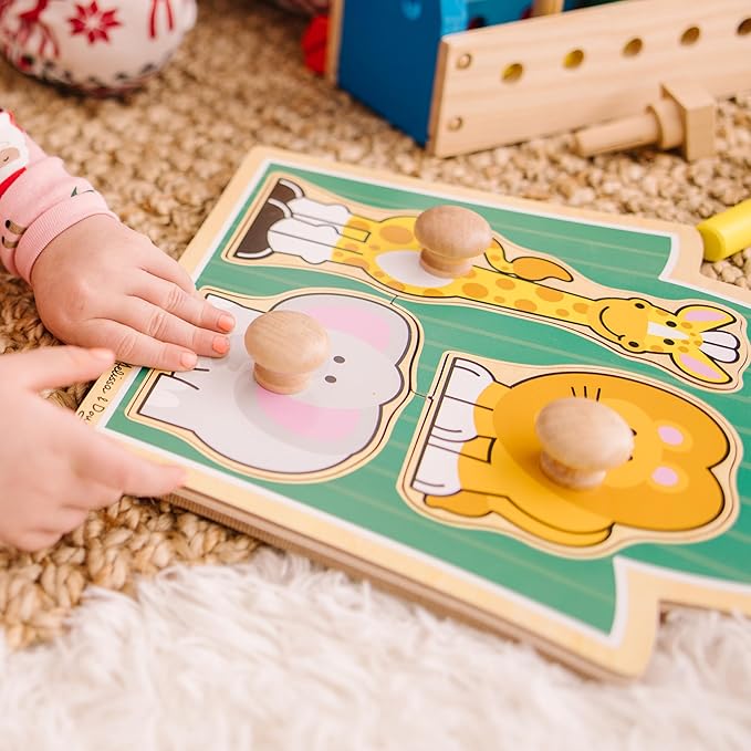 Melissa & Doug Jungle Friends Safari Animals Jumbo Knob Puzzle, Wooden Peg Puzzle for Toddlers, Educational Toy for Shape Recognition and Fine Motor Skills, Ages 1+