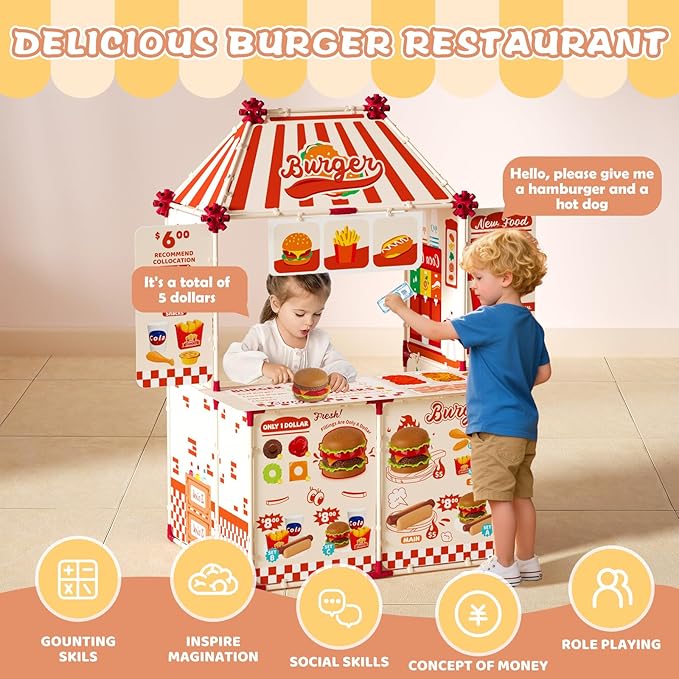 21 Pcs Toddler Hamburger Play Set, Pretend Play Cart Stall, Food Toys,with hot Dogs, Egg tarts, and Chicken Wings, for Children
