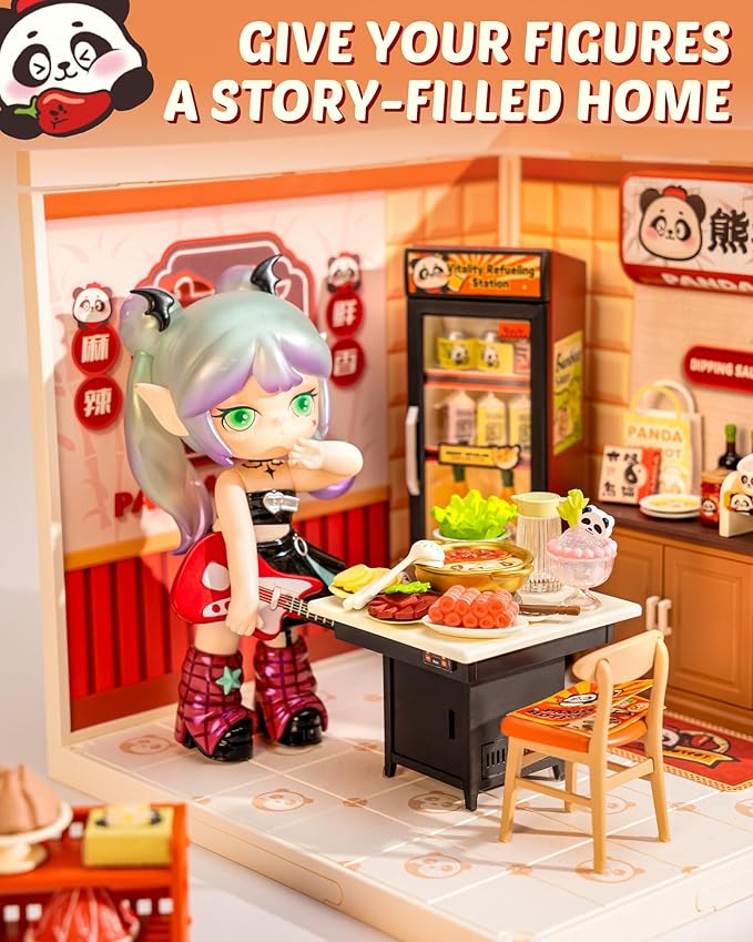 Rolife Super Creator Series, DIY Mini Panda Hot Pot Dollhouse House Kit, Bulid Scenary for Action Collectible Figures, Creative Gifts for Women Adults