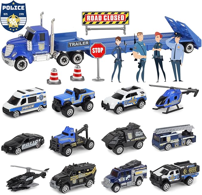 Oriate Diecast Police Rescue City S.W.A.T. Car Toys Set w/Heavy Duty Trailer Patrol, 13PCS Alloy Mini Police Vehicles Transport Trailer, Road Signs and Birthday Cake Topper Stickers for Kids