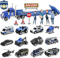 Oriate Diecast Police Rescue City S.W.A.T. Car Toys Set w/Heavy Duty Trailer Patrol, 13PCS Alloy Mini Police Vehicles Transport Trailer, Road Signs and Birthday Cake Topper Stickers for Kids