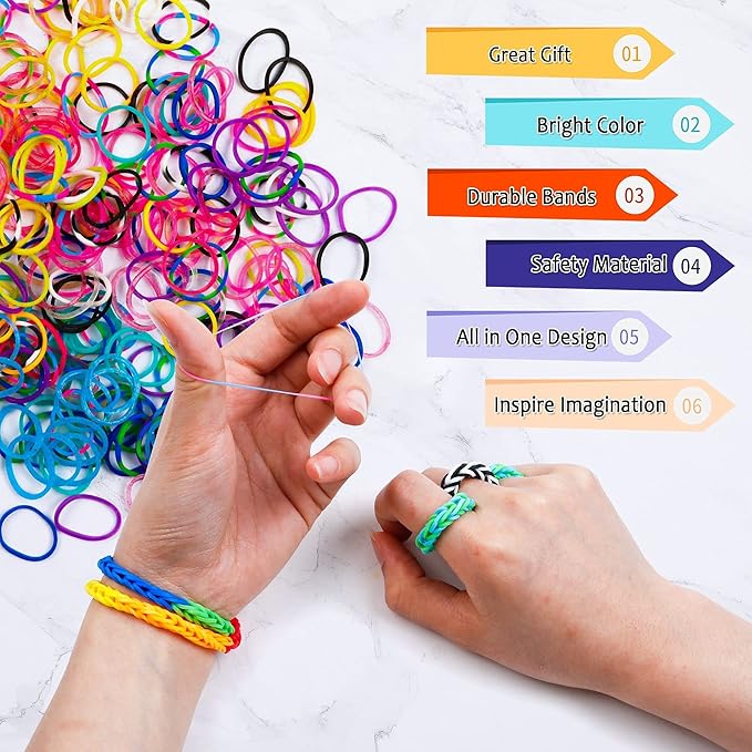 INSCRAFT Rubber Band Refill Kit, Over 11000 Rubber Bands, 28 Colors with Container, 600 Clips, 200 Beads, 52 ABC Beads, Premium Bracelet Making Refill Kit for Girls Kids