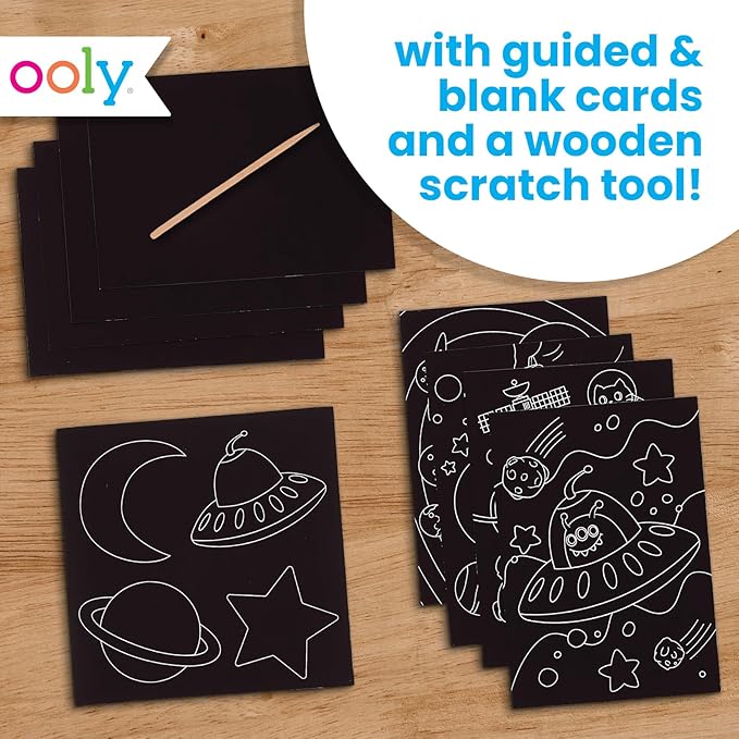 Ooly Scratch & Scribble 10pc Art Kit with 8 Total Scratch Cards (4 Illustrated, 2 Blank, 2 Rainbow) with Scratching Tool and Sparkled Stickers, Art Set Gifts for Kids - Space Explorers