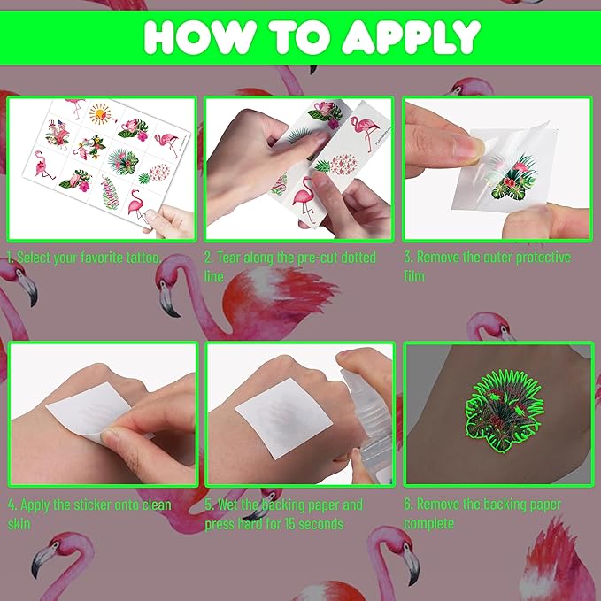 96 PCS Funny-Flamingo Glow In The Dark Pre-Cut Temporary Sticker Summer Tropical Hawaiian Luau Birthday Supplies Gifts Girls Boys Baby Showers Prizes Cute School Reward Themed (Luminous)