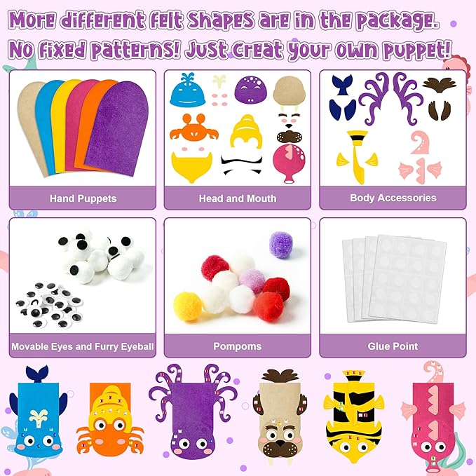 WATINC 6Pcs Hand Puppet Making Kit, Art Craft Felt Sock Puppet Toys, Creative DIY Make Your Own Pompoms Wiggle Googly Eyes Storytelling Role Play Party Supplies Gift for Girls Boys (Ocean Animals B)