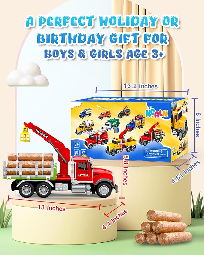 Kids Toys for 3 4 5 6 7 Years Old Boys, 15" Large Farm Truck with Loading Crane and 6 Trunks Friction Powered Truck Vehicle Toy for Toddler, Birthday Gifts for Boy Toddler Child