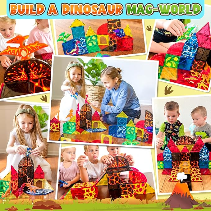 Dinosaur Toys Magnetic Tiles Lava Dinosaur World Set - Magnetic Blocks Building for Kids 3-5 5-7 Girls Boys Toy Age 4-6 6-8, Classroom Must Haves Toddler Sensory for 3+ Year Old Kids Toys