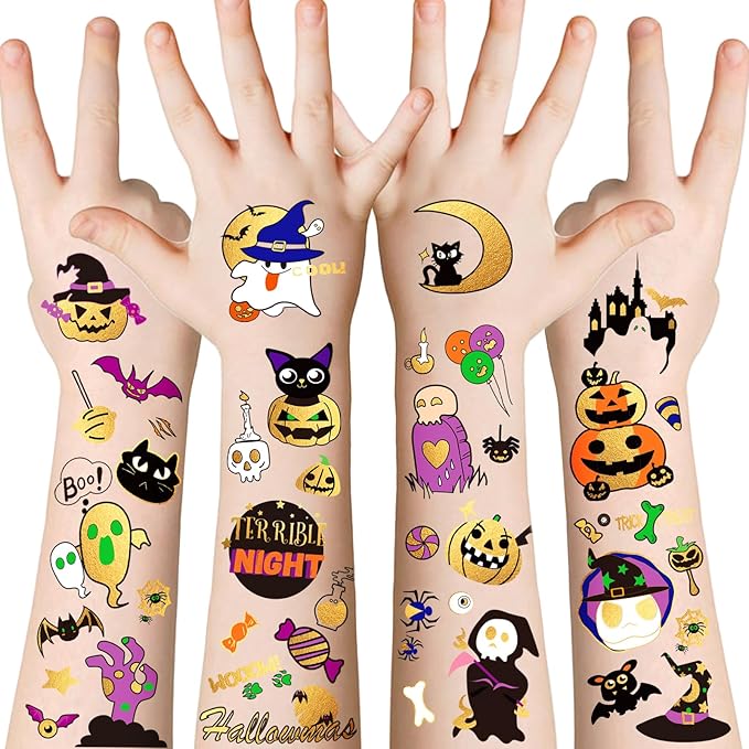 Halloween Temporary Tattoo, Pumpkin Bat Cat Ghost Witch Skull Cross Grave Fake Tattoos for Kids Women Men, 125 Styles Temporary Tattoos for Halloween Party Supplie Party Favors for Boys Girls