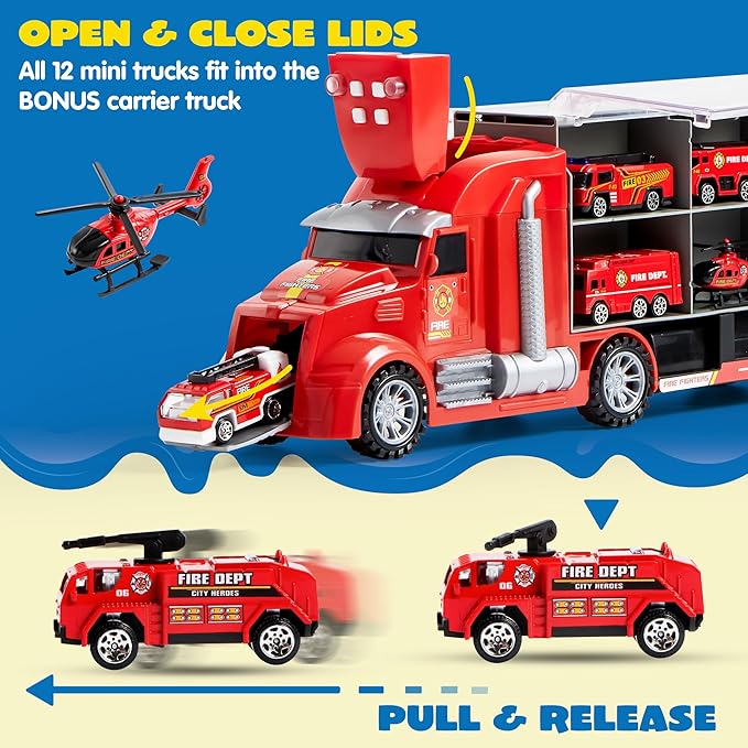 JOYIN 25 in 1 Fire Truck Vehicle Toy Set with Sounds and Lights, Fire Engine Vehicles in Carrier Truck, Mini Rescue Emergency Car Toy, Christmas Birthday Gifts for Over 3 Years Old Boys