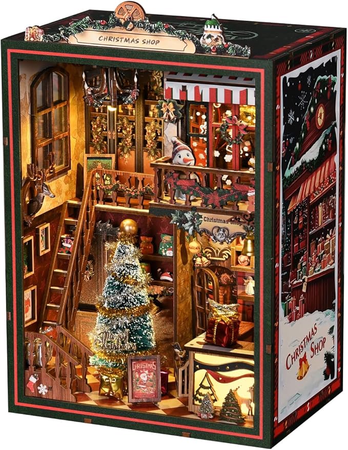 Christmas Shop,Book Nook Kit for Adults: Wooden 3D Puzzle DIY Miniature House Kit Tiny House with Lights and Music，Dollhouse Craft for Adults, Teens & Beginners，Gift for Family, Friends