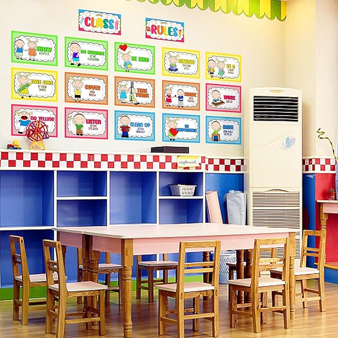Alpurple 17 Pcs A4 Classroom Rules, Preschool Class Rules Posters, Classroom Rule Bulletin Board Decorations for Kindergarten Preschool Elementary School