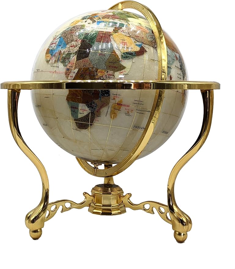 Last one on Earth! 2002 Edition Vintage Unique Art Since 1996 Pearl Swirl Table Top Gemstone World Globe with New Zinc Alloy Stand (2002 Collector Version Pearl Tripod Gold)