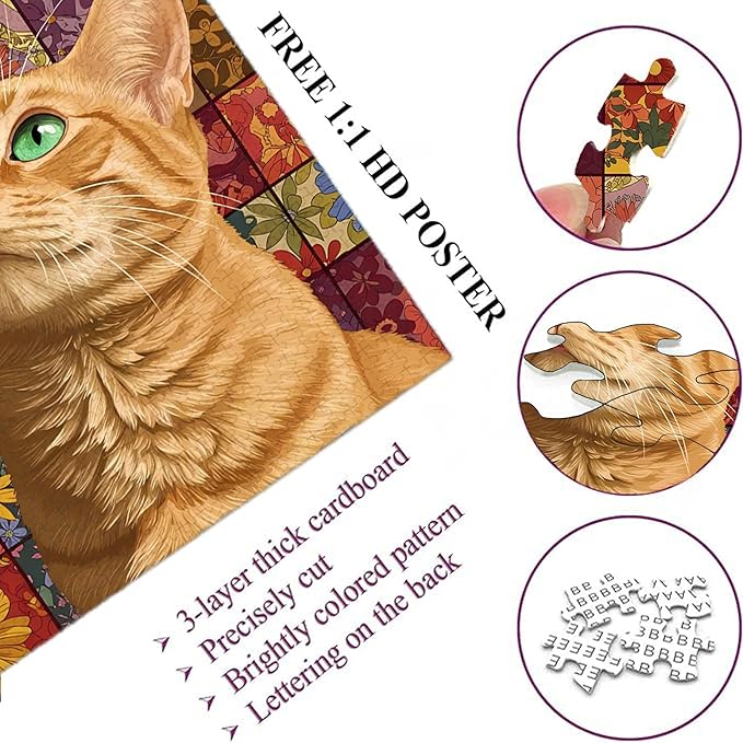 500-piece Orange Cat Thoughts-Flower Cube Adult Wooden Puzzle, Intellectual Challenge, Stress-Relieving Puzzle, Relaxing Family Activity, Decoration, Size: 20.5 x 15 in