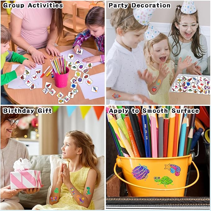 Partywind 204 Glitter Styles Individually Wrapped Sheets Kids Fake Tattoos, Birthday Surprise for Boys and Girls Party Supplies Favors, Waterproof Tattoo Stickers for Goodie Bag Stuffers