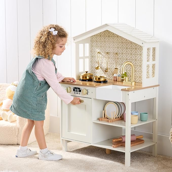 Best Choice Products Pretend Play Wooden Farmhouse Kitchen Set for Kids w/Toy Storage, Clicking Knobs, Windows, 5 Accessories Included - Cream