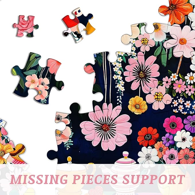 Flower 1000 Piece Puzzle for Adults, PICKFORU Colorful Tea Cups Wildflower Garden Jigsaw Puzzles, Hard Difficult Cupcake Afternoon Tea Theme as Art Decor