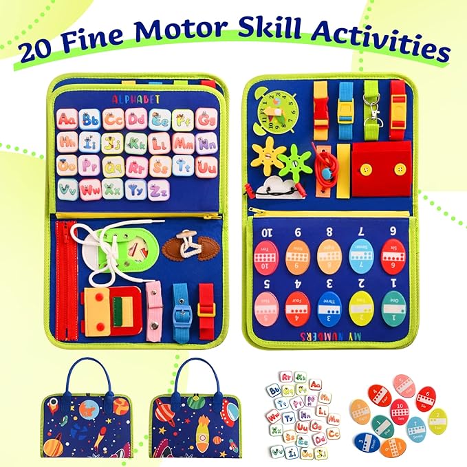 TenFans Montessori Busy Board | 3-5 Year Old Toddler Learning Toy | Fine Motor Skills Development | Montessori Sensory Playset | Early Childhood Education Tool | Portable Travel Preschool Activity Kit
