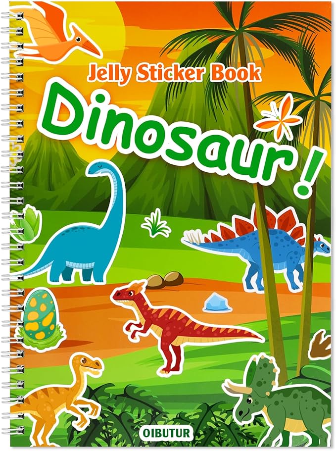 Reusable Sticker Book for Kids 1-3, Jelly Sticker Books for Toddlers 2-4 Years, Dinosaur Stickers for Kids, Toddler Travel Essentials Toys Plane Activities (Dinosaur)