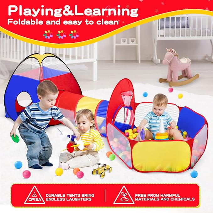 3 in 1 Kids Play Tent for Toddler with Baby Ball Pit and Play Tunnel, Children Indoor Outdoor Playhouse with Climbing Tunnel Toy for Toddlers, Boys and Girls Best Birthday Gifts（No Balls）