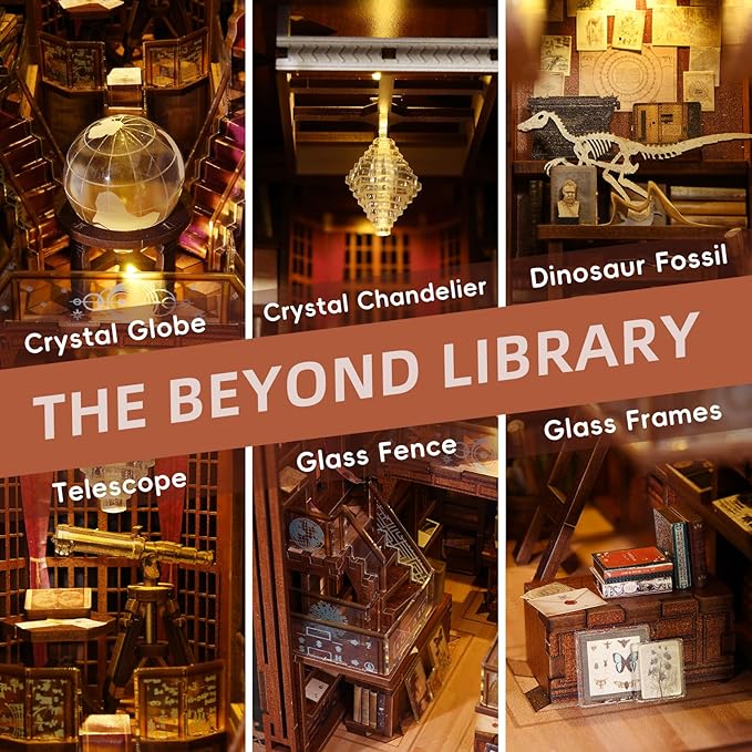 DIY Book Nook Kit, DIY Miniature Dollhouse Booknook Kit, 3D Wooden Puzzle Bookend Bookshelf Insert Decor with LED Light for Teens and Adults (Beyond Library)