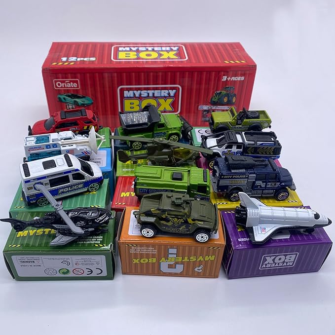 Oriate Diecast Toy Cars Set for 3 4 5 6 7 8 Year Old Boys, 12 Pack Mini Metal Cars 1/64, 12 Theme in one Set Blind Box Edition- Include Farm, Space Ship, Truck for Children Birthday Party Decor Gifts
