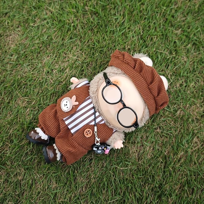 17cm Doll Clothes Set, Cute Boy Outfits for Clothes and Glasses, 7 PCS Cute Hat & Overalls Set Stylish Outfits Exquisite Accessories