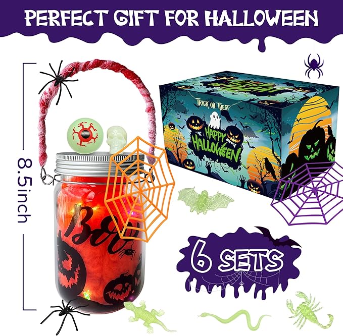 AIVEI 6 Pack Halloween Crafts for Kids Mason Jar with Accessories DIY Lantern Crafts Kits Halloween Activities Toys Bulk Art Supplies Gifts for Girls Boys Adults